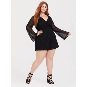 NWT Torrid Size 2 18 20 Mesh Black Swiss Dot Bell Sleeve Romper